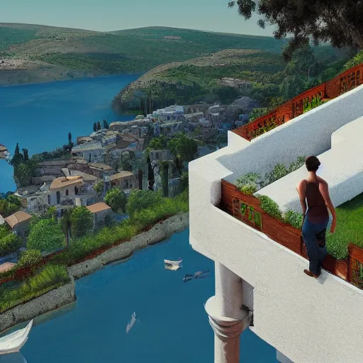 Prompt: man high up in the greek villas looking over at the water, scenic, beautiful landscape, 4 k, artstation