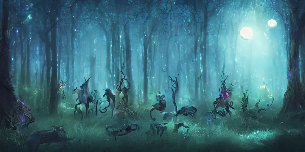 Image similar to a lively bioluminescent enchanted elven forest at night, whimsical, full moon, moonlit, wildlife, mystical beasts, cinematic lighting, trending on artstation and cgsociety