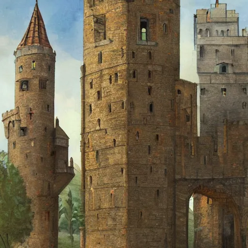 Image similar to five medieval towers, art station