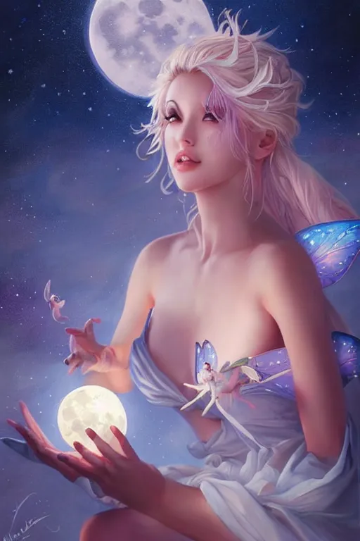 Image similar to attractive fairy magically floating high in the night, fantasy, full moon in background. highly detailed painting by artgerm, mid shot, 8 k