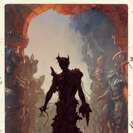 Image similar to Roguish Picaro Dsurion stands at the gates of Hades Hand Crafted By Rodin. Painting by greg rutkowski Donato Giancola Jeff Simpson norman rockwell stamp watercolor