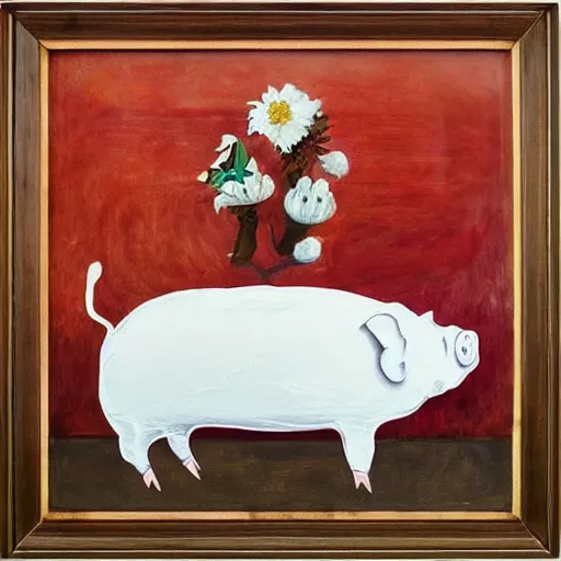 Prompt: “pig paintings and pig sculptures in a pig art gallery, pork, ikebana white flowers, white wax dripping, squashed raspberry stains, acrylic and spray paint and oilstick on canvas, by munch and Dali”