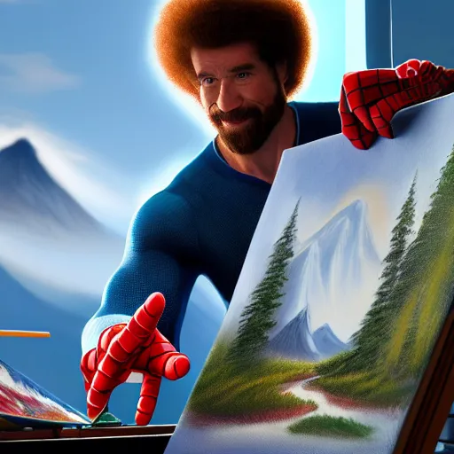 Image similar to a closeup photorealistic photograph of bob ross working on a canvas painting of spiderman. film still. brightly lit scene. mountains and trees. this 4 k hd image is trending on artstation, featured on behance, well - rendered, extra crisp, features intricate detail, epic composition and the style of unreal engine.