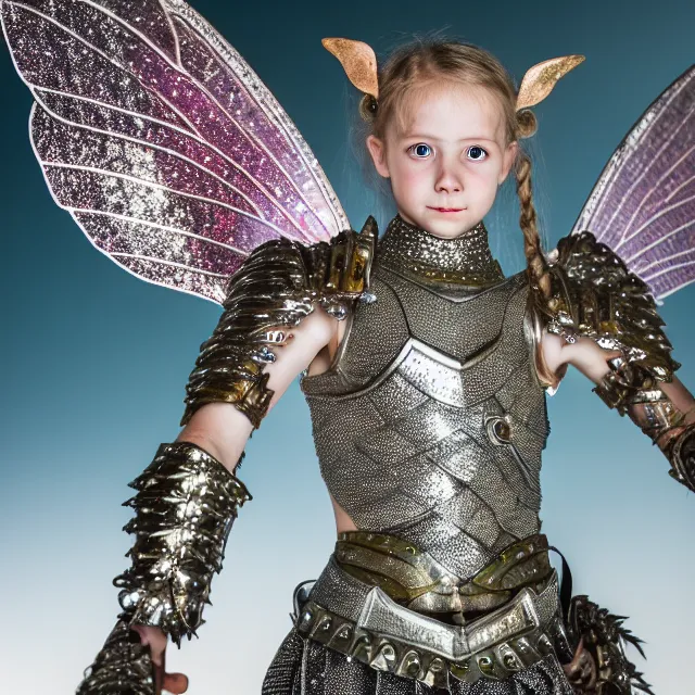 Image similar to full length photo of a fairy warrior wearing sparkly armour, highly detailed, 4 k, hdr, smooth, sharp focus, high resolution, award - winning photo