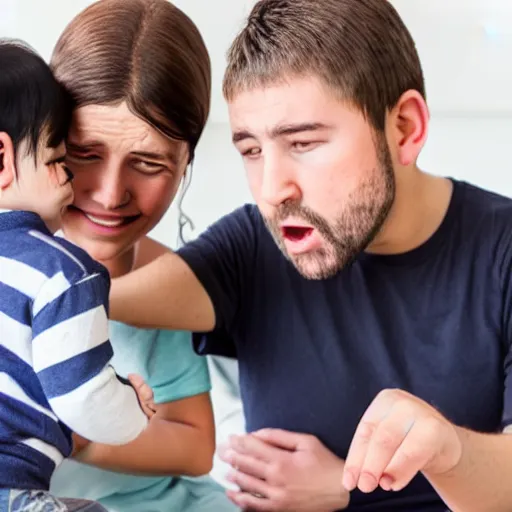 Image similar to A baby taking care of an adult, 2 people, realistic faces, crying person, rtx on