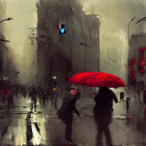 Prompt: ravens attacking man with red umbrella, by jeremy mann.