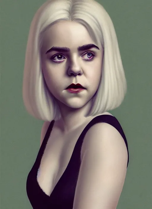 Image similar to full body portrait, kiernan shipka as sabrina spellman, white hair, obese, bangs, sultry, realistic, sultry smirk, fluffy bangs, freckles, fat, belly, intricate, elegant, highly detailed, digital painting, artstation, concept art, smooth, sharp focus, illustration, art by wlop, mars ravelo and greg rutkowski