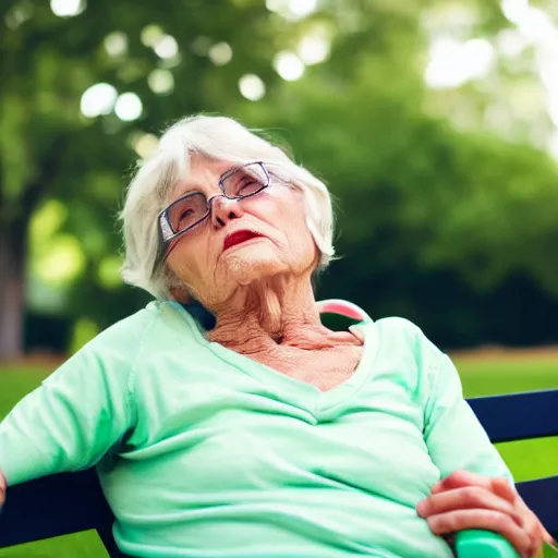 Image similar to an older woman with copd sitting in a park on oxygen, 4 k,