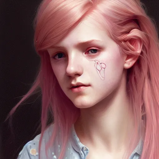 Prompt: portrait of a scottish teenage girl with pinkish blonde hair, glowing skin, delicate features, nerdy, fantasy, intricate, elegant, dress shirt, highly detailed, digital painting, artstation, concept art, smooth, sharp focus, illustration, art by Krenz Cushart and Artem Demura and alphonse mucha