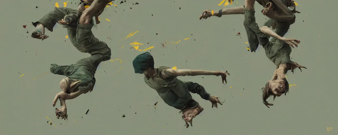 Prompt: duotone olive green grey illustration 3 / 4 portrait of gollum breakdancing wildly on the floor. dynamic chaotic composition accidental renaissance golden ratio. by sachin teng and sergey kolesov and ruan jia and heng z. graffiti art, scifi, fantasy, hyper detailed. octane render. concept art. trending on artstation