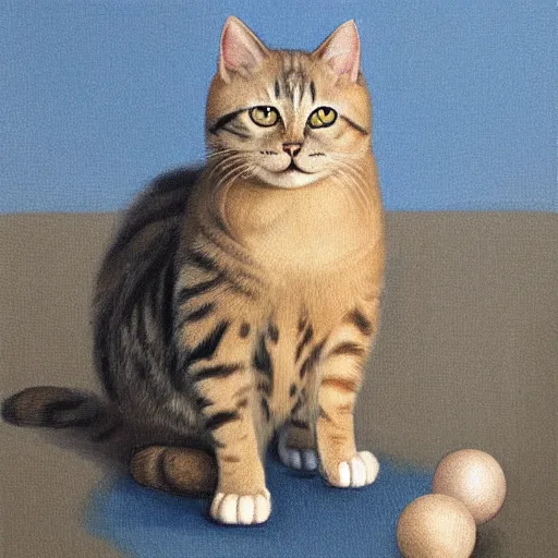 Prompt: happy cat with ball, keith harding