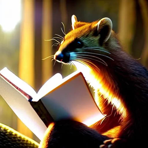 Prompt: An incredibly beautiful scene from a 2022 Marvel film featuring a humanoid pine marten reading on a couch. An anthropomorphic pine marten wearing a loose white shirt. 8K UHD.