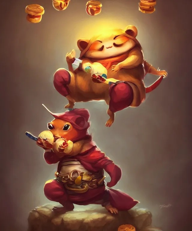 Prompt: a single anthropomorphic hamster ninja eating a hamburger, ninja outfit, standing in a buddhist temple, cute and adorable, dnd character art portrait, matte fantasy painting, deviantart artstation, by jason felix by steve argyle by tyler jacobson by peter mohrbacher, cinematic lighting