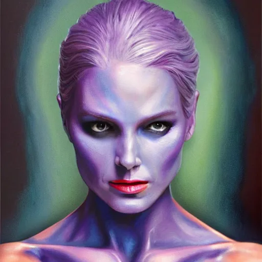 Image similar to mystique from the xmen, 8 k, realistic, oil painting, high detail, pretty face,