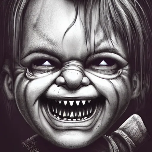 Image similar to surrealism grunge cartoon portrait sketch of chucky with a wide smile, by michael karcz, loony toons style, freddy krueger style, horror theme, detailed, elegant, intricate