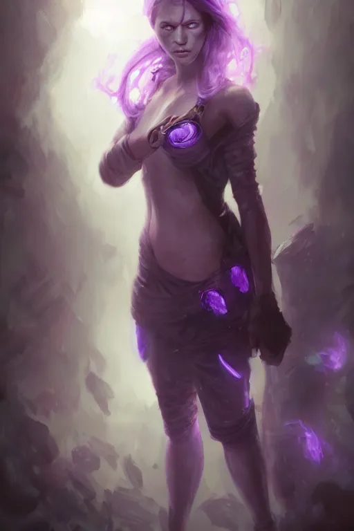 Image similar to character art by bastien lecouffe - deharme, young woman, purple hair, glowing purple eyes