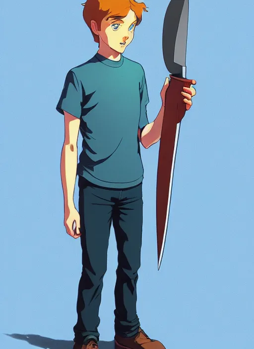 Prompt: art young lenin with giant knife \, light blue eyes, pale skin, freckles, sad expression, t - shirt, modern casual clothing, natural lighting, path traced, highly detailed, high quality, cartoon, digital painting, by don bluth and ross tran and studio ghibli and alphonse mucha