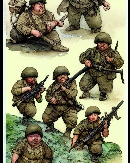 Prompt: a realistic and atmospheric watercolour fantasy character concept art portrait of a fat adorable chibi pugs as soldiers in vietnam, by rebecca guay, michael kaluta, charles vess and jean moebius giraud