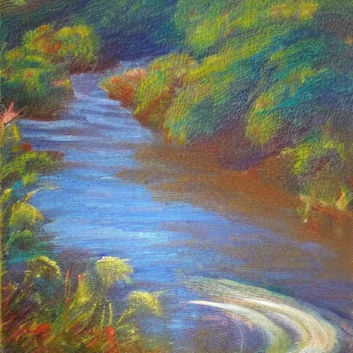 Prompt: a beautifully detailed impressionist painting of a winding river, oils on canvas