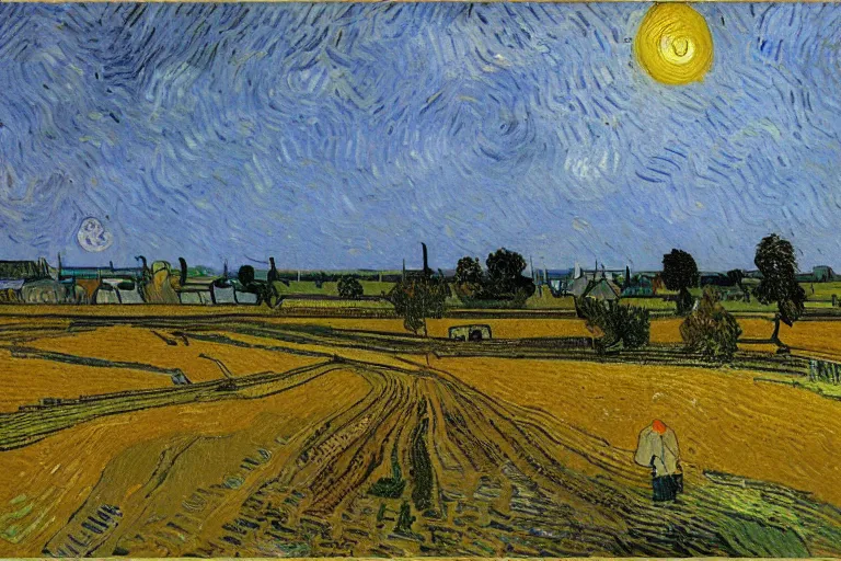 Image similar to oil painting of a Dutch landscape called het Beuven in Someren, by sunset, painted by Vincent Van Gogh