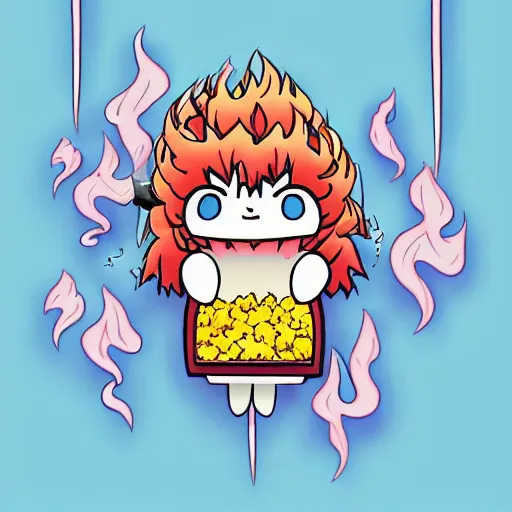 Prompt: fluffy popcorn hit by lightning, yokai, in the style of a manga character, with a smiling face and flames for hair, sitting on a lotus flower, white background, simple, clean composition, symmetrical