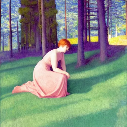 Image similar to a young girl lost in a blue golden forest, film still by edward hopper, by Pontormo, by klimt, art noveau, highly detailed, strong lights, liminal, eerie, Bright pastel colors