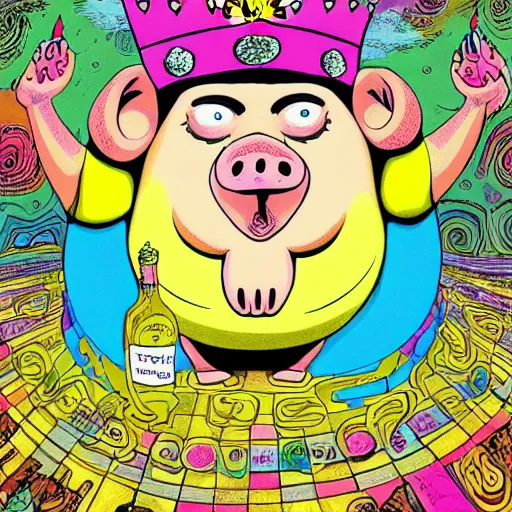 Image similar to trippy comic art of a obese pig wearing a gold crown holding a bottle, drawn by Martin Rowson, Tim Burton, Studio Ghibli, Alex Pardee, Nekro Petros Afshar, James McDermott, colors by lisa frank, unstirred paint, vivid color, cgsociety 4K