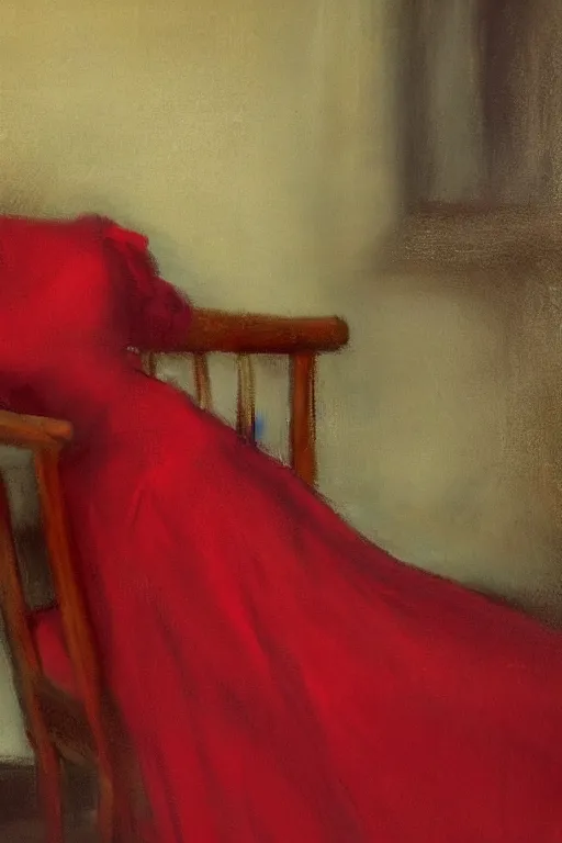 Image similar to an empty red dress laid across a chair in a dark victorian era room. in the style of american impressionism painting.