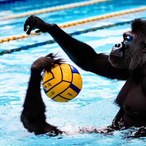 Image similar to back side photograph of a silverback gorilla throwing a ball to a water polo goalkeeper