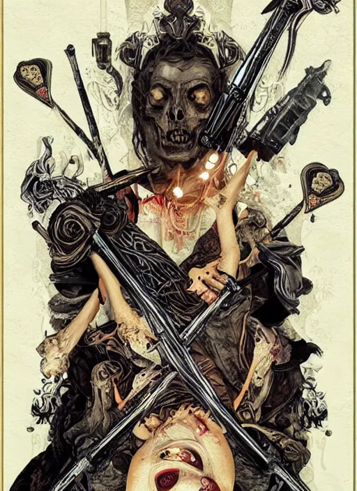 Image similar to tarot card :: horror :: vampires and draculas :: cult and clan :: hearts and roses :: gold and silver :: guns and swords :: highly details :: intricate details :: Sandra Chevrier and bastien lecouffe deharme