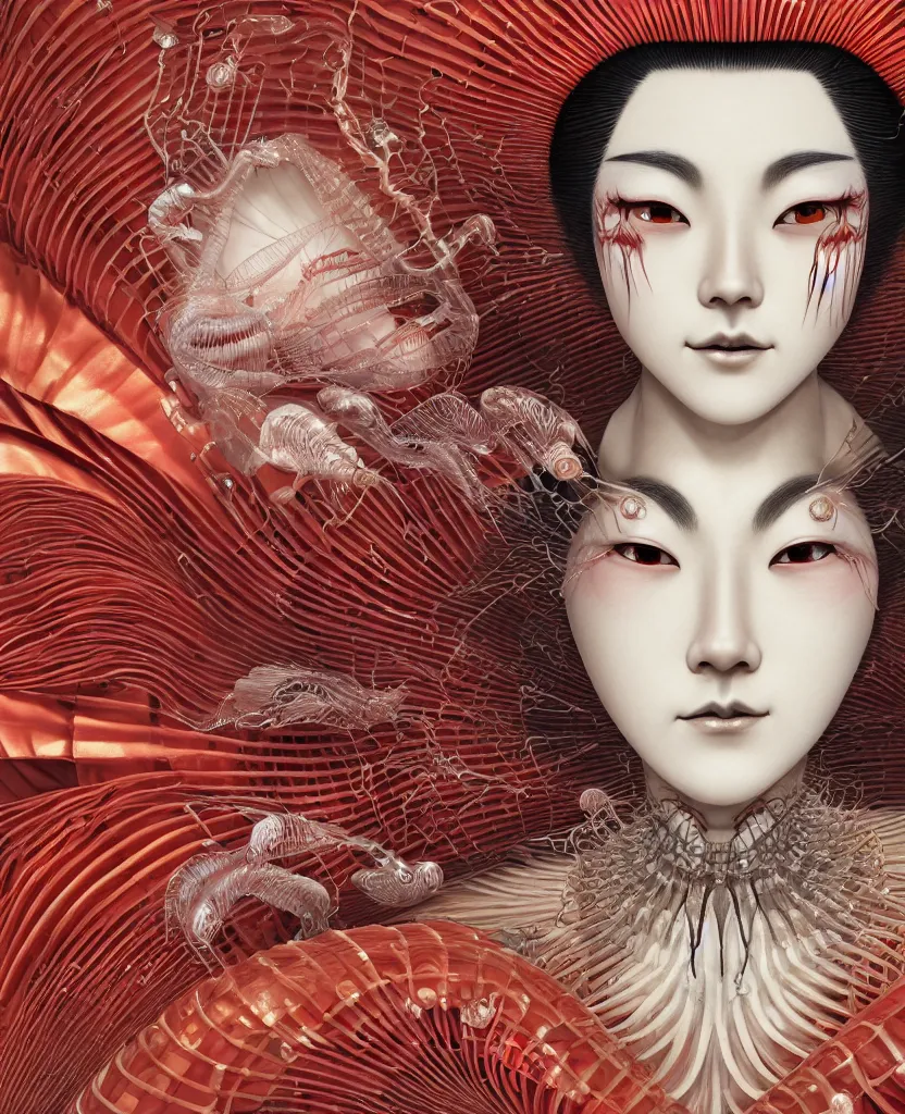 Image similar to close-up macro portrait of the face of a beautiful Japanese geisha with kimono, epic angle and pose, ribcage skeleton symmetrical artwork, 3d with depth of field, blurred background, cybernetic jellyfish female face phoenix bird, translucent, nautilus, energy flows of water and fire. a highly detailed epic cinematic concept art CG render. made in Maya, Blender and Photoshop, octane render, excellent composition, cinematic dystopian brutalist atmosphere, dynamic dramatic cinematic lighting, aesthetic, very inspirational, arthouse, Greg Rutkowski, Ilya Kuvshinov, WLOP, Stanley Artgerm Lau, Ruan Jia and Fenghua Zhong