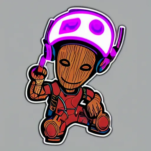 Image similar to svg sticker of a Pop-Wonder Groot-Marvel-Avenger at a rave, spinning records, giant headphones rocking out, wearing headphones, huge speakers, dancing, rave, DJ, spinning records, digital art, amazing composition, rule-of-thirds, award-winning, trending on artstation, featured on deviantart