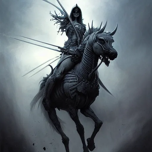 Image similar to concept art by artgerm, death of the four horsemen of the apocalypse, soft grey and blue natural light, intricate, queen of death riding, highly detailed dark art, digital painting, artstation, concept art, smooth, sharp focus, illustration, art by greg rutkowski and luis rollo and uang guangjian and gil elvgren, symmetry!