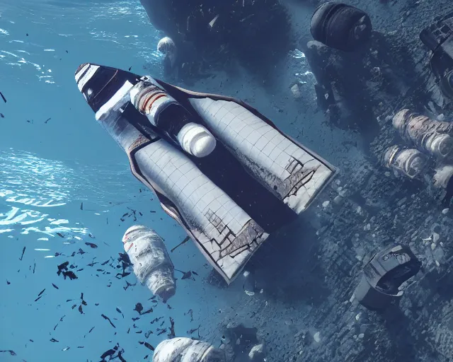 Image similar to old damaged space shuttle submerged under water, cinematic, photoreal, by red dead redemption 2