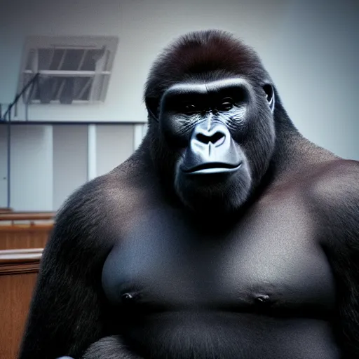 Image similar to big gorilla man terroizing church, 8k cinematic lighting, very sharp detail, anatomically correct