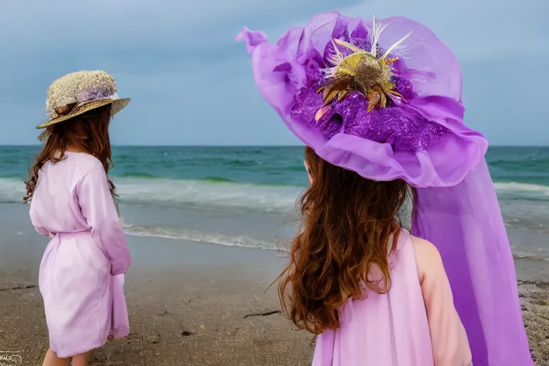Prompt: A creature 5 meters tall, in a violet chiffon layered robe, in a fancy hat and a little girl look into the distance on the seashore highly detailed, high quality, HD, 4k, 8k, Canon 300mm, professional photographer, 40mp, lifelike, top-rated, award winning, realistic, sharp, no blur, edited, corrected, trending