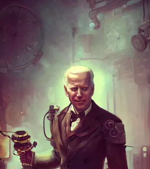 Image similar to portrait of steampunk joe biden cosplaying, by wlop, by simon stalengrad, by ilya repin, bioshock screenshot, photorealistic fan art, detailed shading, intricate abstract, steampunk impressionism