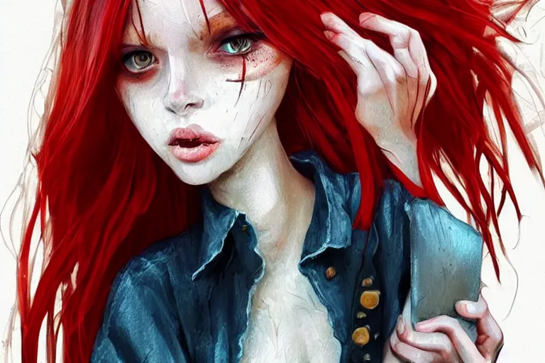 Prompt: witch woman, red hair, soft eyes and narrow chin, dainty figure, long hair straight down, torn overalls, short shorts, combat boots, wet tshirt, raining, basic white background, side boob, symmetrical, portrait, elegant, intricate, digital painting, artstation, concept art, smooth, sharp focus, illustration, art by artgerm and greg rutkowski and alphonse mucha