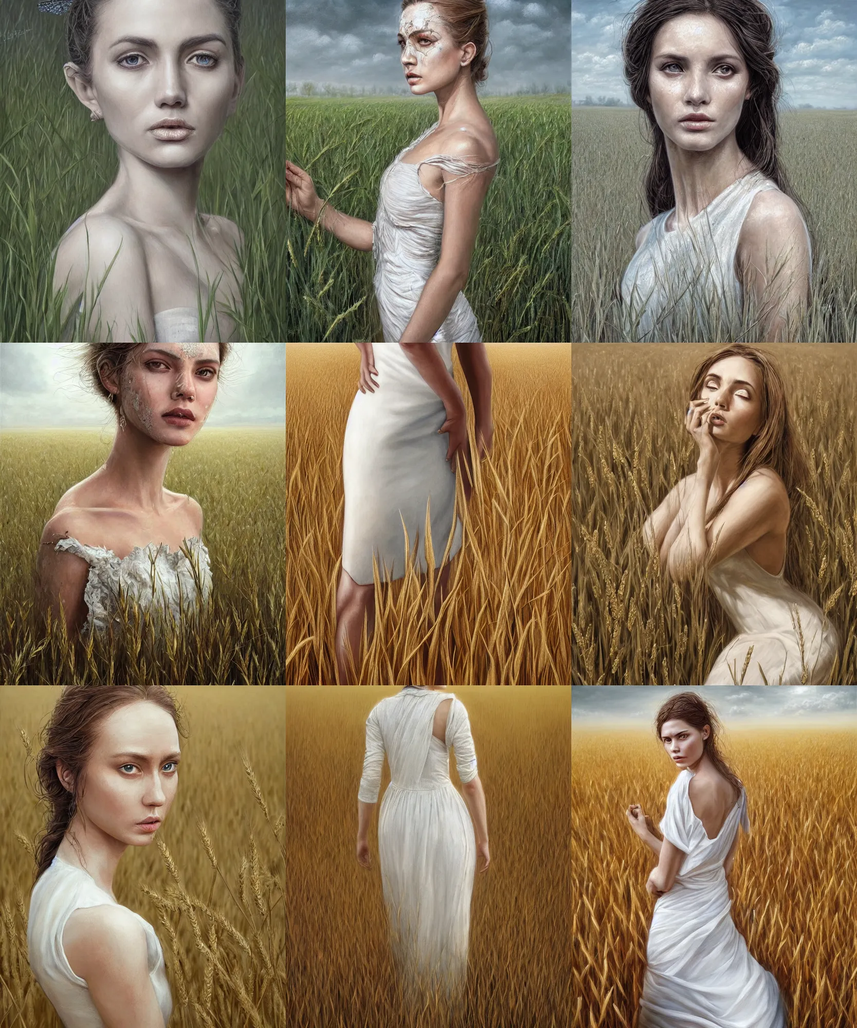 Prompt: Hyper realistic detailed painting of a Paludnitsa! (in a lush wheat crop). Perfect face, beautiful!, white dress, menacing!, melancholic!!, dreamlike, highly detailed, sharp focus, digital painting, art by Eddie Mendoza, detailed and intricate environment, highly detailed, award winning art.