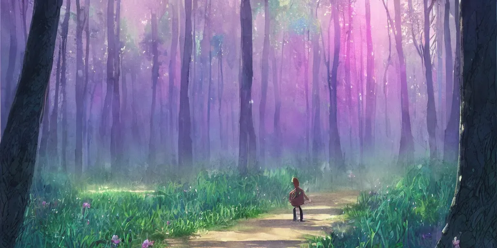 Image similar to path through a wide forest, modern contemporary, lanterns. watercolor art, expansive cinematic view, volumetric shading, intricate and detailed, highly saturated colors. breath of the wild style, by hayao miyazaki ghibli!!!. pastel!! pink!! accents. trending on artstation. award winning