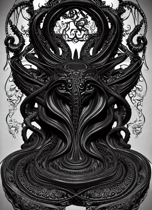 Prompt: an intricate detailed complex ebony alabaster carved sculpture of cthulhu with large emerald eyes, lovecraftian, contrast atmosphere, majestic, symmetrical face, artgerm, dark mist, portrait, detailed monochrome, feature on artstation hd, detalied complex of monster illustration, character design art, border and embellishments dslr, hyperreal by alphonse mucha