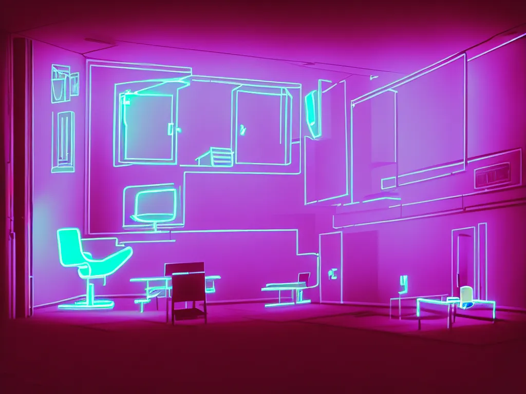 Image similar to room with overlaping screens projecting art, pixel perfect image, high contrast, volumetric lighting, tiny neon light, chair, user, pair of keys