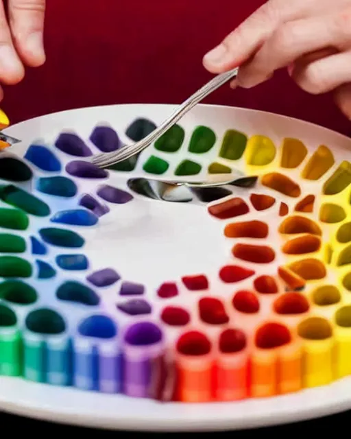 Image similar to a man eating crayons with a fork, elon musk, 4 k, high quality, crayons served on a plate