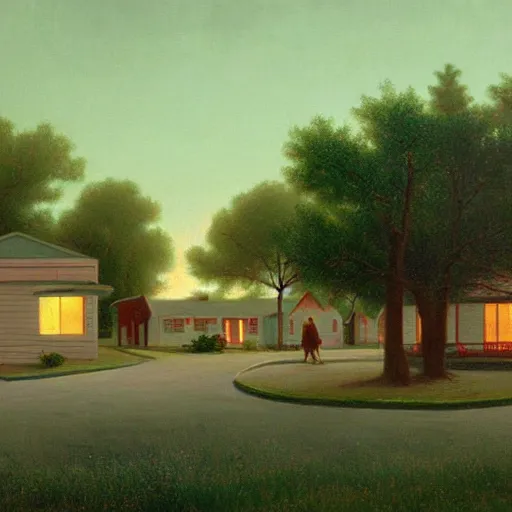 Image similar to a detailed cinematic render of a utopian 1 9 5 0 s american neighborhood by steven outram