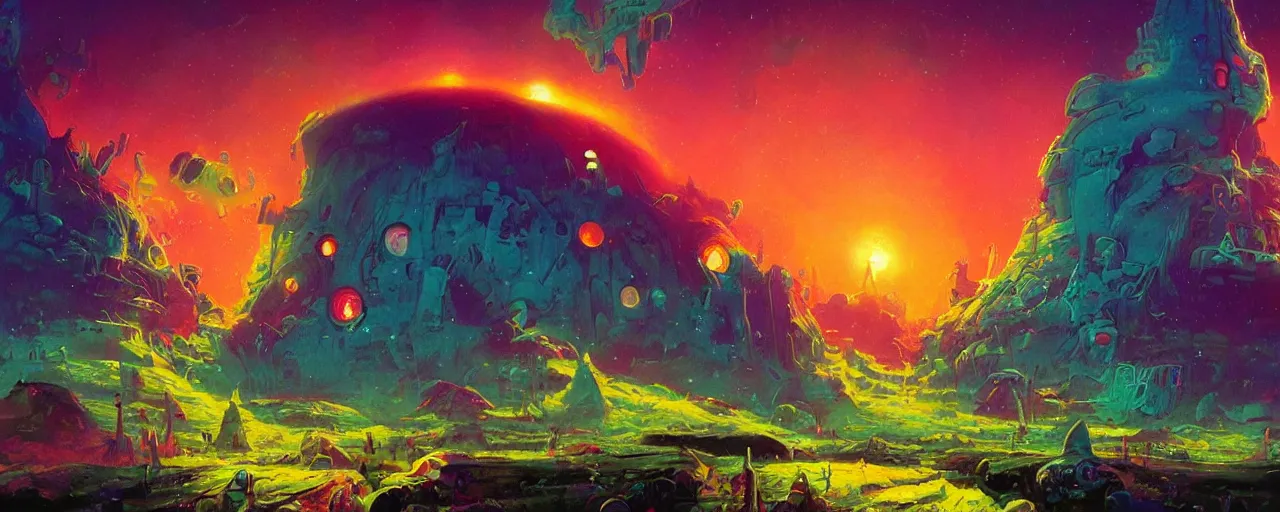 Image similar to ” mysterious and whimsical alien landscape, [ colorful, inviting, cinematic, detailed, epic, widescreen, opening, establishing, mattepainting, art by slop and paul lehr ] ”