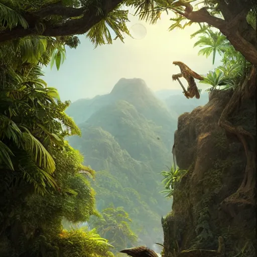 Image similar to a detailed matte painting of a ridiculously good looking jesus who is hunting in the prehistoric jungle with his pet falcon, elegant ancient greek dress, jungle as the background, very detailed, beautiful, intricate, art by greg rutkowski and robert e howard, octane render