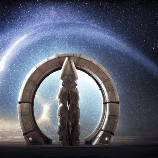 Image similar to stargate made of stone that form a circle, portal to another dimension cinematic view, epic sky highly detailed