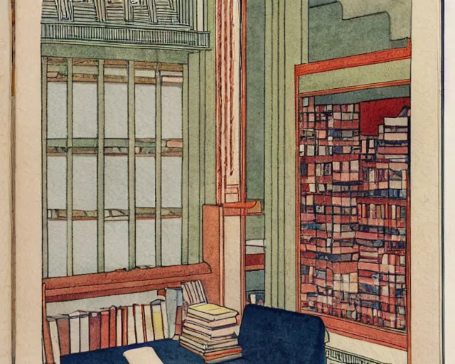 Image similar to cozy bookstore simple geometric watercolor painting george barbier