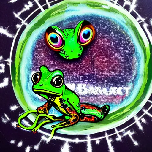 Prompt: Pop Wonder 🪐 alienart.eth artwork of a slithering frog-bog-monster-weirdo, NFT