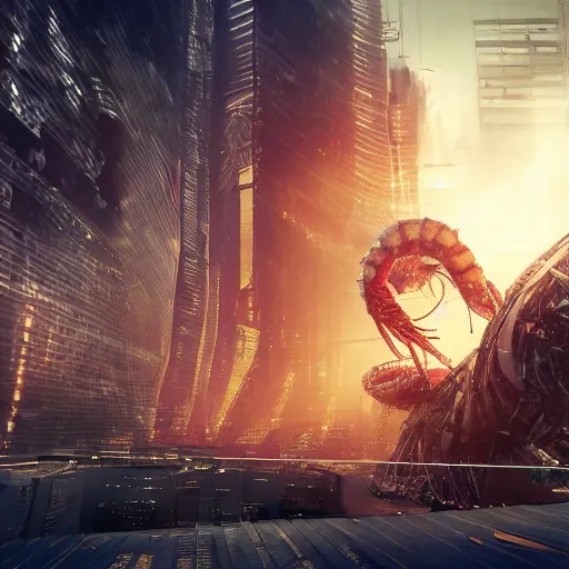 Prompt: a giant terrifying cyber shrimp destroying a dystopian city, cyberpunk, sharp focus, dynamic lights, still, photograph, hyper realistic, masterpiece, octane render, rendered, 3 d, cinematic, cinematic lighting, dramatic lighting, highly detailed, intricate details, texture, cinematic composition, by donglu yu and kevin jick and eddie del rio